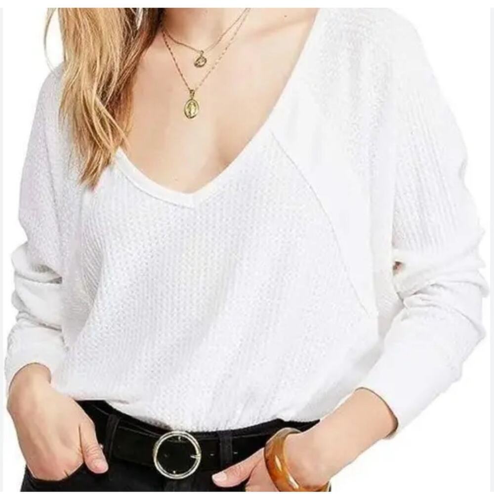 Free People Santa Clara Thermal Long Sleeve Top Size S Waffle Knit White Boho